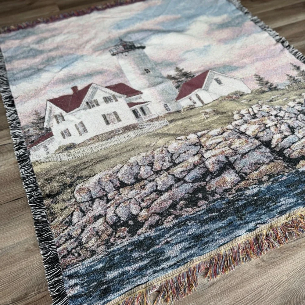 Vintage Lighthouse Coastal Woven Tapestry Throw Blanket Fringe 60x48